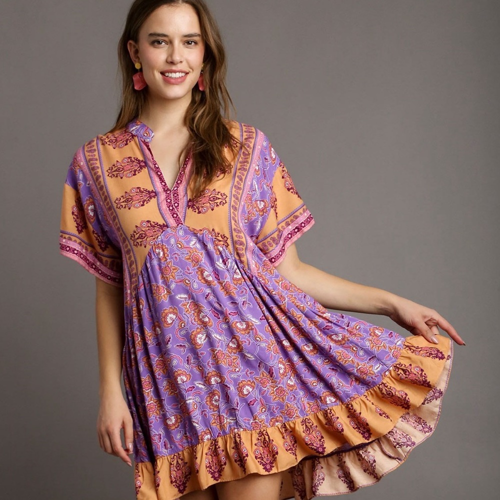 Umgee NWT Boutique Bohemian Royal Purple Hippy Boho Print Dress S - L